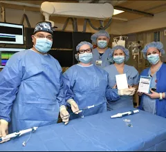 Hackensack Meridian Jersey Shore University Medical Center EP lab staff that performed the first dual-chamber leadless pacemaker implant at the hospital. From left is Mark Mascarenhas, MD, Toni Donovan RN, BSN, CVN; Tim StJean, R.N. trainee; Liz Bianchini RN; and Melissa D'Altilio, RN, with the Abbott Aveir DR pacemaker technology. #EPeeps #EPlab #Aveir 