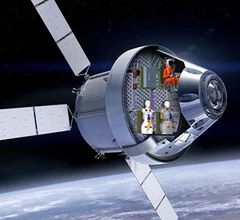Artists rendering of the Artemis I mission Orion space capsule with a cut away showing the two radiation detecting human phantoms. NASA/Lockheed Martin/DLR image