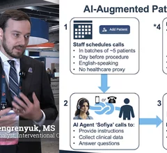 Andriy Vengrenyuk, MS, senior data analyst for interventional cardiology at the Icahn School of Medicine at Mount Sinai, explains a pilot program where artificial intelligence (AI) virtual agents call patients prior to their cath lab procedures to save nursing staff time doing administrative tasks.
