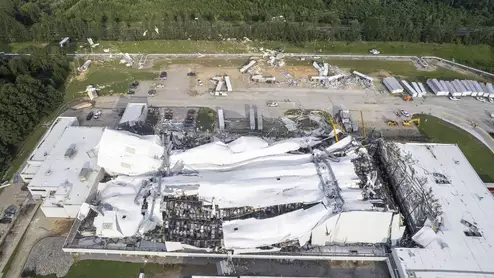 Pfizer facility on Wednesday, July 19, 2023, in Rocky Mount, North Carolina, after damage from severe weather. TRAVIS LONG/THE NEWS & OBSERVER VIA AP