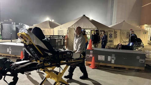 The ASPR’s National Disaster Medical System field hospital set up in the parking lot at Mission Hospital in Asheville this past week to augment the hospital's emergency department and help decompress the pressure on the hospital in the epicenter of the Hurricane Helene disaster. Photo by ASPR