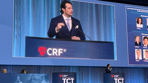 EARLY TAVR investigator Philippe Généreux, MD, announced his team’s findings in front of a packed audience at TCT 2024.