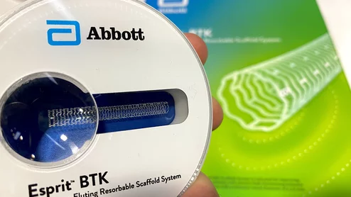 The Abbott Esprit BTK everolimus-eluting biosorbable scaffold system for below the knee peripheral artery disease on display at TCT 2024. Photo by Dave FornellTCTn 2024 DF
