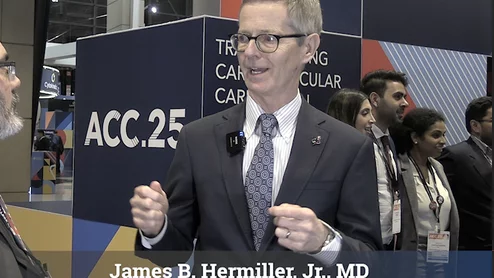 Society of Cardiovascular Angiography and Interventions (SCAI) President James B. Hermiller, Jr., MD, director of the transcatheter structural heart program at Ascension St. Vincent Heart Center in Indianapolis, explains SCAI's push for wider adoption of new, innovative cath lab radiation protection technology to reduce radiation exposure and the need for lead aprons that cause orthopedic injury.