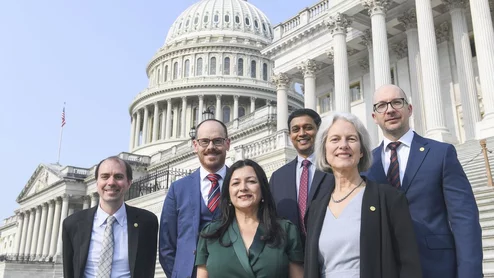 Part of the ASNC delegation that visited with congressional members to to explain policy and payment challenges that face. Members of ASNC's Health Policy Committee from left: Daniel Huck, MD, MPH, David E. Winchester, MD, MS, FASNC, Suman Tandon, MD, FASNC, Vikas Veeranna, MD, Friederike Keating, MD, FASNC, and Attila Feher, MD, PhD.