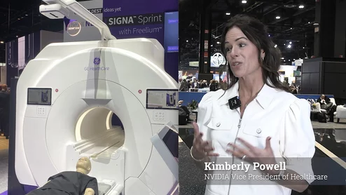 Kimberly Powell, vice president, general manager of healthcare at NVIDIA, explains how artificial intelligence (AI) has rapidly expanded in radiology and how many of the companies showing AI products at the Radiological Society of North America (RSNA) 2025 meeting use the company's technology. She said a few key technology launches by GE Healthcare show a deeper integration of NVIDIA's AI technology, and shared what the next generation of "physical AI" will enable autonomous radiology exams.