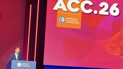 Michiel Voskuil, MD, PhD, an interventional cardiologist and professor at University Medical Center Utrecht in the Netherlands, presented his team’s data on the ACC.26 stage.
