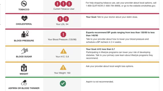 An example of the CV Wizard clinical decision support (CDS) software showing a screen designed to help patients better understand their risks and areas they need to work on. It is graphically based to enable patients who have a lower level of literacy better understand their cardiovascular risks, rather than using a long text report.