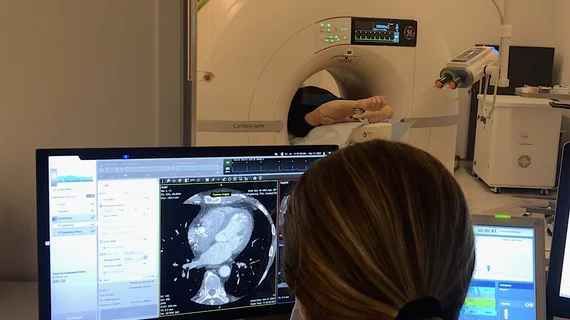 A cardiac CT scan being performed at Duly Healthcare in suburban Chicago in the spring of 2022. This is one of the first outpatient cardiology clinics in the U.S. to implement a CCTA program for screening non-acute chest pain patients and for structural heart evaluations. This applies to CCTA, CTA, Cardiac CT, and CT angiography and coronary CT angiography.