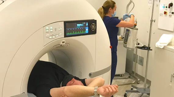 Iodine contrast being loaded into a contrast injector in preparation for a cardiac CT scan at Duly Health and Care in Lisle, Illinois. The contrast shortage is causing some healthcare organizations to postpone exams and procedures and ration contrast supplies. Photo by Dave Fornell