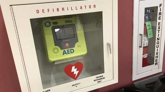 An automated external defibrillator (AED) system installed in a public location to save patients who go into sudden cardiac arrest (sudden cardiac death). 
