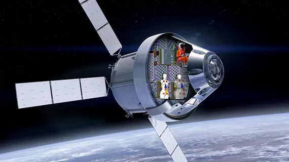 Artists rendering of the Artemis I mission Orion space capsule with a cut away showing the two radiation detecting human phantoms. NASA/Lockheed Martin/DLR image