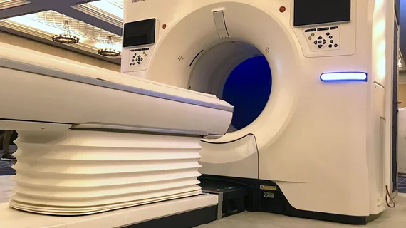 A GE Revolution CT system on display at the 2022 Society of cardiovascular Computed Tomography (SCCT) meeting is an example of the types of the systems being sought in the U.S. and Western Europe replacement CT market. It features AI enhanced features to automate protocol and help reduce dose, 160 mm of anatomical coverage per rotation and offers spectral imaging using fast kV switching between different energies during one scan. 