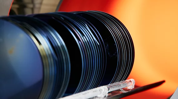 A stack deep silicon photon counting CT detector components. The University of Wisconsin is working with GE Healthcare to develop the new PCD technology. The system and the deep silicon technology was unveiled at RSNA 2022. #RSNA22 #PCCT