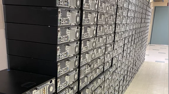 I stack of more than 300 computers with cyberattack infected hard drives at Sky Lakes Medical Center, Oregon, discusses how the hospitals IT team overcame a ransomware attack in 2020 during the height of COVID that took down their entire network and how radiology recovered within two weeks.. 