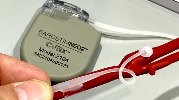 Barostim Neo 2 CVRx heart failure nerve stimulator on display at HRS 2023. Photo by Dave Fornell