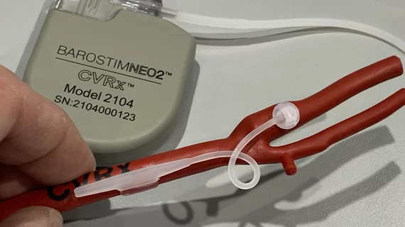 Barostim Neo 2 CVRx heart failure nerve stimulator on display at HRS 2023. Photo by Dave Fornell