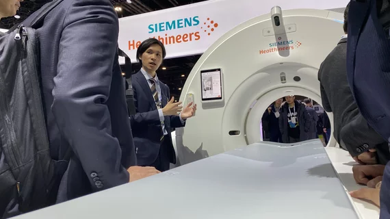 Siemens Somatom Pro Pulse dual-energy, low cost CT system was unveiled at RSNA 2023 and is being aimed at the rising purchases of cardiac CT scanners. Photo by Dave Fornell. #RSNA #RSNA23 #RSNA2023