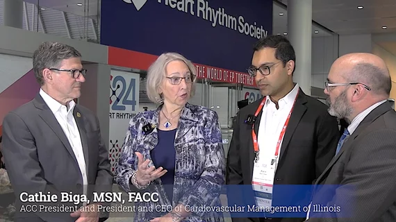 There has been a growing shortage of cardiologists the past several years, but this has accelerated due to burnout from the pandemic, falling reimbursements and increasing administrative burdens. This prompted a joint session on this topic with the ACC and the Heart Rhythm Society at HRS 2024, with ACC President Cathie Biga, MSN, FACC, president and CEO of Cardiovascular Management of Illinois, former ACC president Ed Fry, MD, chair of the Ascension National Cardiovascular Service Line, and EP Parin Patel.