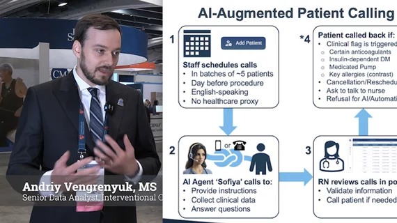 Andriy Vengrenyuk, MS, senior data analyst for interventional cardiology at the Icahn School of Medicine at Mount Sinai, explains a pilot program where artificial intelligence (AI) virtual agents call patients prior to their cath lab procedures to save nursing staff time doing administrative tasks.