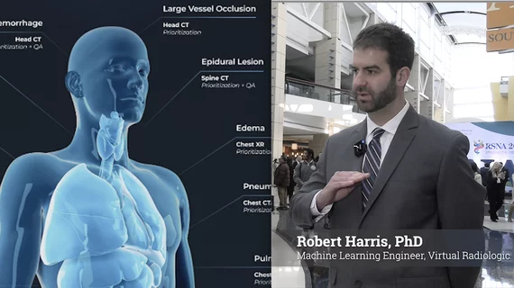  Robert Harris, PhD, a machine learning engineer at Virtual Radiologic (vRad), outlined his team's work developing and evaluating a generative chest X-ray machine learning model for use within one of the nation's largest teleradiology practices.