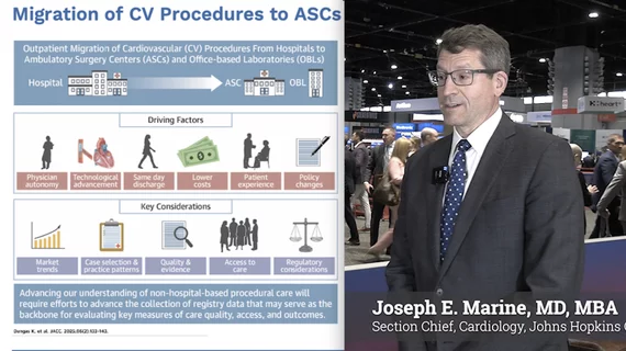 Video interview with Joseph E. Marine, MD, MBA, Vice-Director of Operations, Division of Cardiology, Section Chief of Cardiology, Johns Hopkins Community Physicians, and Professor of Medicine at Johns Hopkins University, explains the growing trend of using ambulatory surgical centers (ASCs) for cardiac and electrophysiology (EP) procedures.